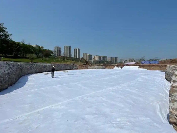 人工湖景观湖防渗工程生态防渗施工 湖底GCL防水毯铺设
